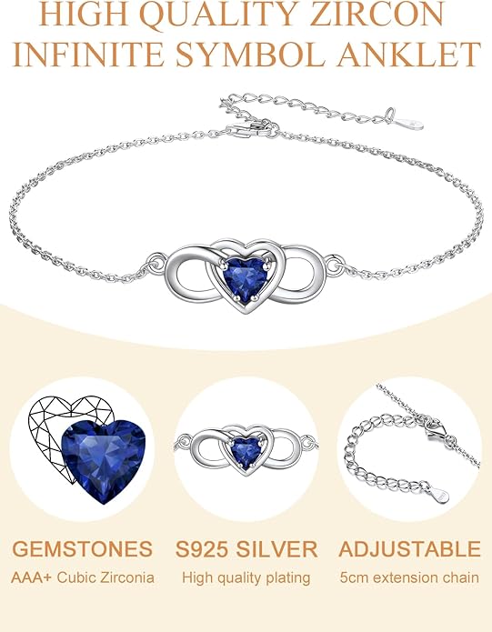 Custom4U Personalized Infinity Ankle Bracelets for Women 925 Sterling Silver Anklet Bracelet Endless Love Symbol Birthstone Charm Adjustable Foot Chain Jewelry Mothers Day Gifts for Mom Wife Women Her