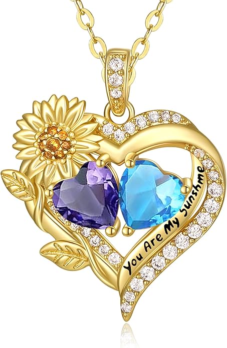 Sunflower Heart Necklace for Women 14K Gold Exquisite Anniversary Birthday Gifts for Wife Mother Her Double Birthstone Pendant jewelry‘You Are My Sunshine’