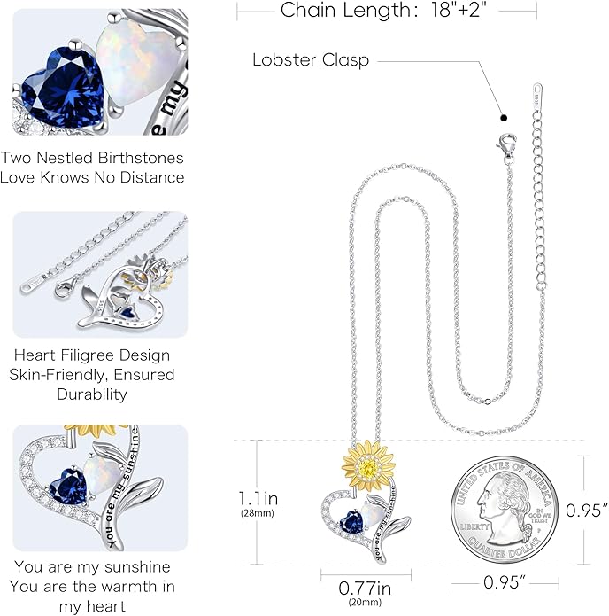 PERJI Valentine's Day Gifts for Women - 925 Sterling Silver Double Birthstone Sunflower Necklace, Anniversary Birthday Jewelry You are My Sunshine Gifts for Wife Couple Girlfriend 18"+2" Non Tarnish