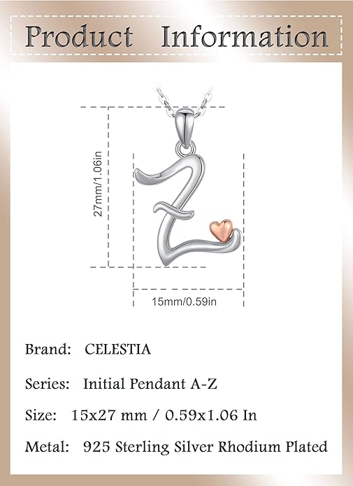 CELESTIA 925 Sterling Silver Initial Necklaces 26 Letter with Rose Gold Heart - 18 Inch Chain