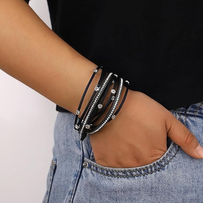 Fesciory Leopard Bracelet for Women, Boho Leather Wrap Multi-Layer Pearl Crystal Bracelet Bangle Jewelry