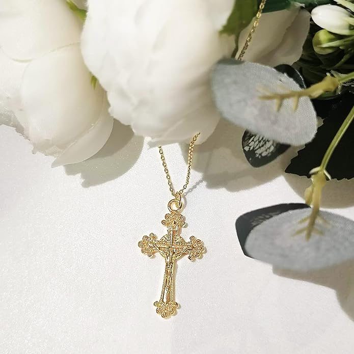 Partm Gold Cross Necklace for Women 14K Plated Dainty Pendant Cross Chain Faith Crucifix Choker Baptism Necklace for Women Trendy Religious Jewelry Hypoallergenic