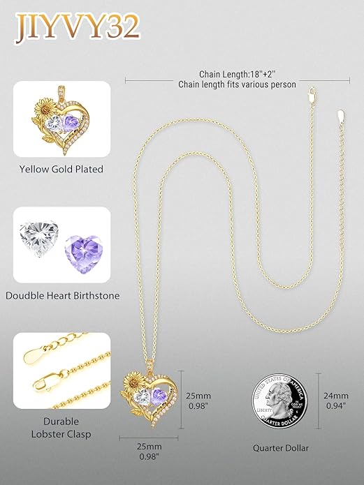 Sunflower Heart Necklace for Women 14K Gold Exquisite Anniversary Birthday Gifts for Wife Mother Her Double Birthstone Pendant jewelry‘You Are My Sunshine’