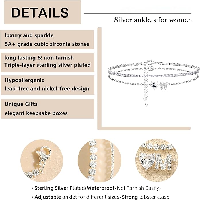 Heart Initial Silver Anklets for Women Waterproof Dainty Silver Plated ankle bracelets for women Large Ankle Women's Anklets Tennis ankle bracelets Non Tarnish Summer Beach Foot Jewelry