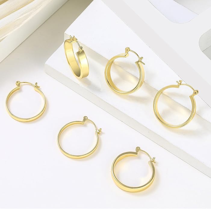 WGOUD 3 Pairs 925 Sterling Silver Post Hoop Earrings Hypoallergenic 14K Gold Plated Lightweight Hoop Earrings for Women Medium Silver Hoops Earring for Women 24/26mm