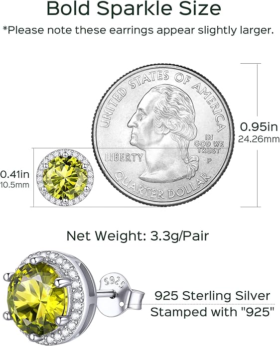 ChicSilver 925 Sterling Silver Birthstone Earrings for Women, 8MM/2 Carat Heart & Round Cubic Zirconia Stud Earrings, Hypoallergenic Jewelry, Ideal Birthday or Christmas Gifts