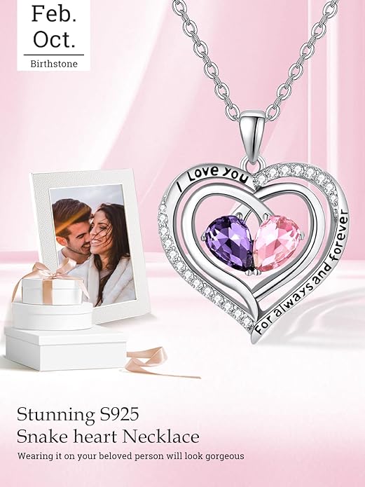 Zeuslia Double Birthstone Necklace Gifts for Wife - 925 Sterling Silver Sunflower/Rose/Crown Cross/Compass/Heart Pendant I Love You Necklace, Anniversary Birthday Gifts for Wife Girlfriend Mom Her