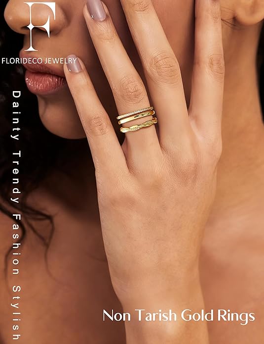 Florideco 14K Gold Plated Stackable Rings for Women Non Tarnish Dainty Cubic Zirconia Ring Set Minimalist Wedding Bands Ring Stack Statement Engagement Promise Thumb Rings Size 5-10