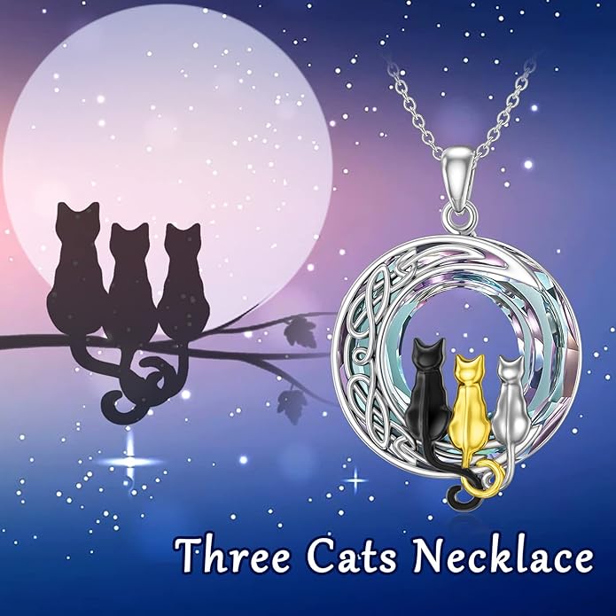 TOUPOP Christmas Cat Gifts for Cats Lovers One Two Three Four Cats Necklace Sterling Silver Cats on the Moon Pendant Necklace with Blue Circle Crystal Birthday Christmas Celtic Jewelry Gifts for Women