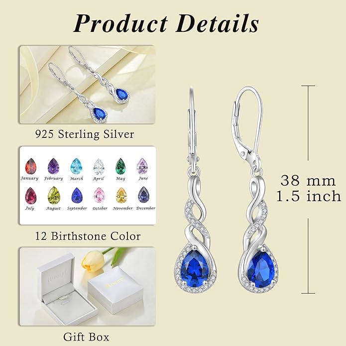 Infinity Dangle Drop Earrings for Women 925 Sterling Silver Teardrop Leverback Earrings Birthstone Jewelry Gifts for Women Wife Girlfriend Mother Daughter Her