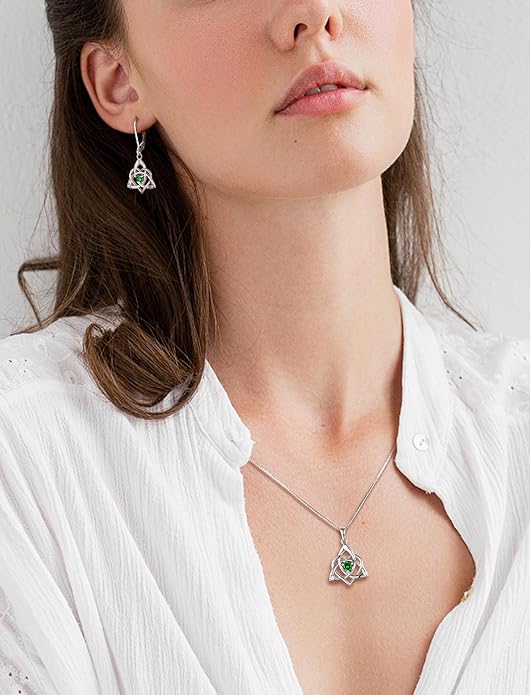 STARCHENIE Celtic Knot Necklace Earrings for Women 925 Sterling Silver Irish Love Knot Pendant May Birthstone Created Emerald Trinity Jewelry Set