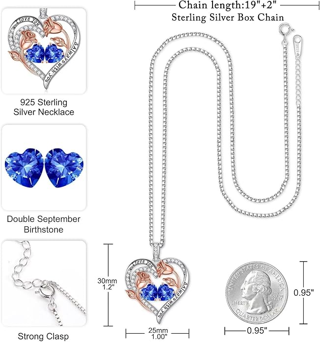 Iefil Birthstone Necklace for Women - 925 Sterling Silver Rose Heart Birthstone Necklace Birthday Anniversary Jewelry Gifts for Her Wife Mom Daughter