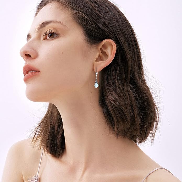 AOBOCO Vintage Earrings for Women Sterling Silver Retro Drop Dangle Leverback Earrings with 8x6mm Oval Genuine or Simulated Birthstone Crystal from Austria, Anniversary Jewelry Gifts for Her Women