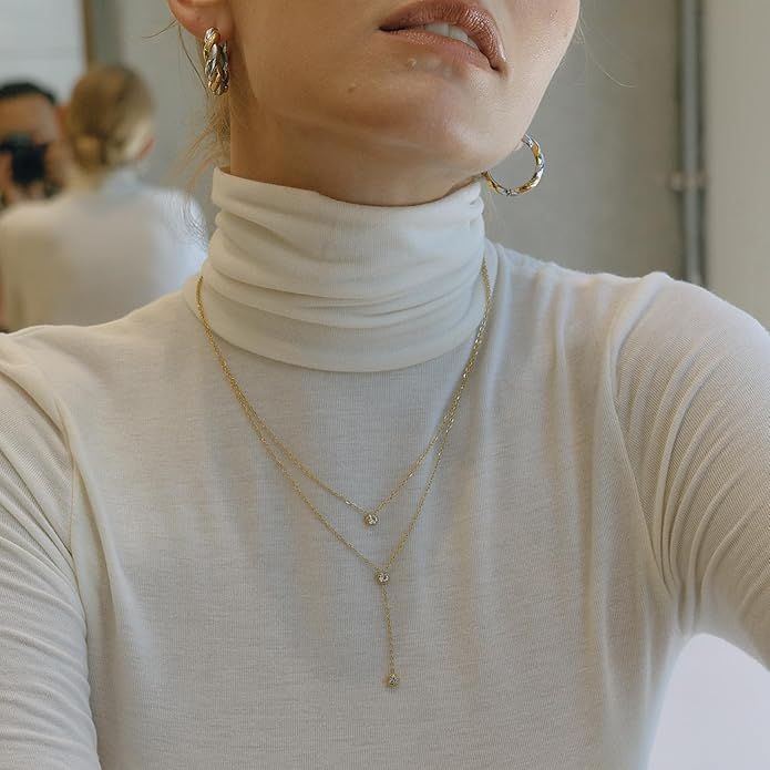 Fullpop Dainty Gold Necklaces for Women, 18k Gold Layered Lariat Necklace for Women Long Gold Choker Necklaces for Women Statement Diamond Heart Pendant Necklace Body Chain Jewelry for Women
