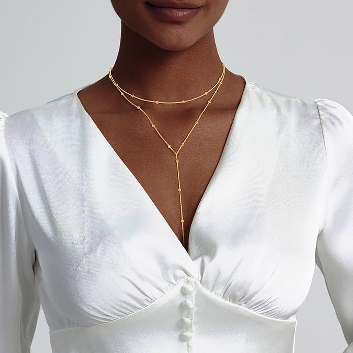 Lariat Silver/Gold Necklace for Women 925 Silver/14K Gold Plated Dainty Long Necklace Y-Shaped Drop Pendant Necklaces Choker Trendy Chain Simple Layered Necklaces CZ Jewelry for Women Set Gift