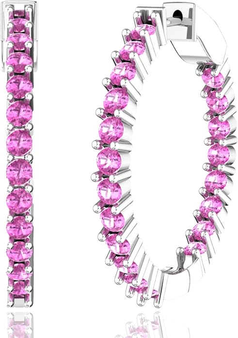 Hoop Earrings with 40 Colored Gemstones, Birthstone Earrings, 925 Sterling Silver Rhodium Plated, Push Back Closure, 1.18'