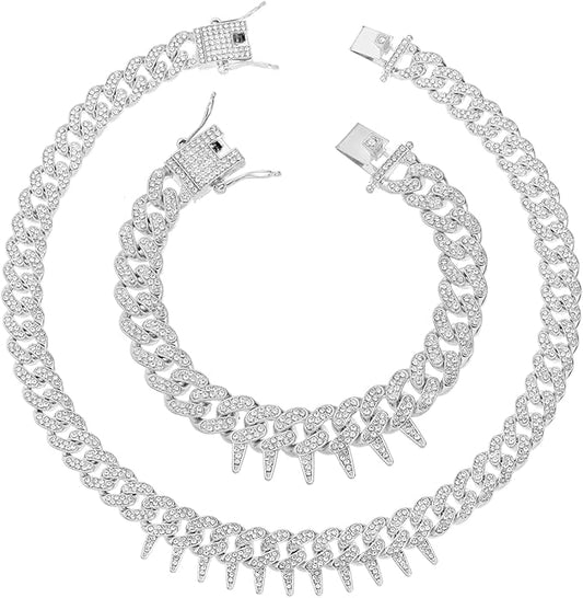 HH BLING EMPIRE Mens Gold Silver Plated Spike Cuban Link Chain Necklace and Bracelet Sets, Chunky Iced Out Diamond Miami Cuban Link Chains Hip Hop Jewelry
