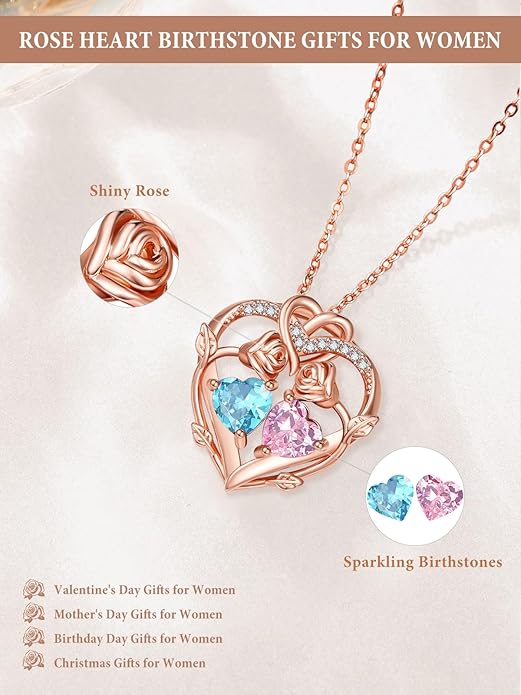 Rose Gold Necklaces for Women Double Birthstone Rose Flower Heart Pendant Necklace Jewelry Anniversary Christmas Valentine's Mother's Day Birthday Gift for Wife Mom Her Girlfriend Sister