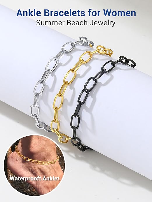 PROSTEEL Stainless Steel Chain Anklets for Women, Silver/Gold Tone, Ankle Bracelets Hypoallergenic, 8-10.5 Inch Adjustable, Come with Box