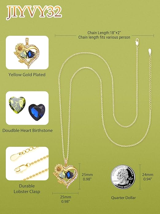 Sunflower Heart Necklace for Women 14K Gold Exquisite Anniversary Birthday Gifts for Wife Mother Her Double Birthstone Pendant jewelry‘You Are My Sunshine’