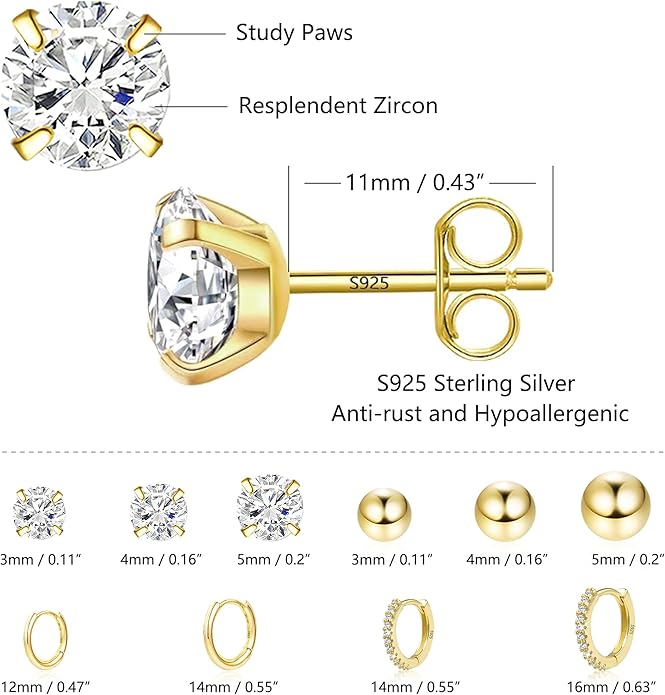 Stud Earrings for Women Hypoallergenic Sterling Silver Post Hoop and Studs Earrings Set for Multiple Piercing Small Ball Cubic Zirconia Earring Studs for Women Trendy Jewelry Gifts（6 Pairs）