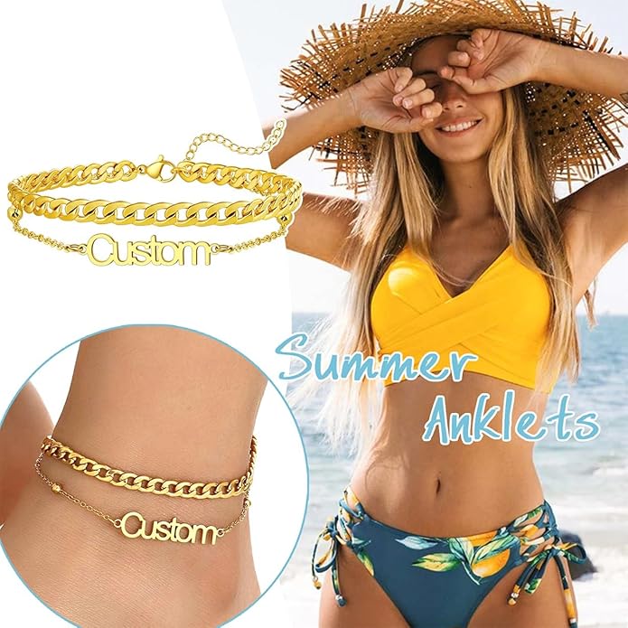 U7 Custom Layered Ankle Bracelets for Women Stainless Steel Bead/Cuban/Figaro/Rope/Wheat Chain Anklet Waterproof Anklet Jewelry for Beach Vacation