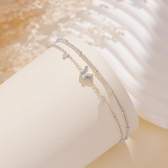 Sterling Silver Anklet Bracelets for Women Waterproof, 925 Sliver Plated CZ & Heart Charm Dainty Layer Anklets for Women Trendy, Simple Chain Anklets Set Gifts for Women, Jewelry Gifts for Her Women Mom Wife Girlfriend