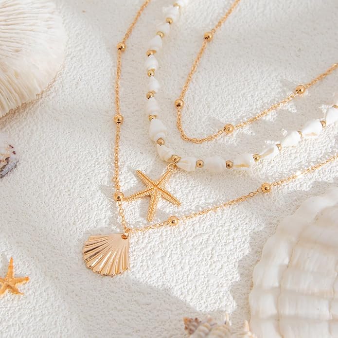 Seashell Necklace for Women Gold Layered Sea Shell Necklace Boho Summer Beach Necklaces for Women Adjustable Pearl Conch Starfish Necklaces Vacation Coastal Beachy Jewelry Outfits Accessories