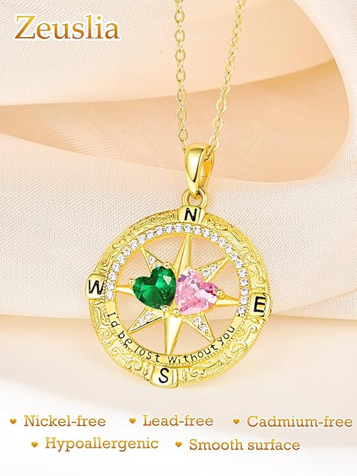 Zeuslia Double Birthstone Necklace Gifts for Wife - 925 Sterling Silver Sunflower/Rose/Crown Cross/Compass/Heart Pendant I Love You Necklace, Anniversary Birthday Gifts for Wife Girlfriend Mom Her