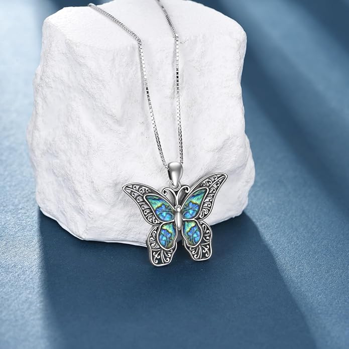 Abalone Filigree Butterfly Necklace Sterling Silver for Women, Mother of Pearl Jewelry Unique Vintage Gift for Christmas or Birthday
