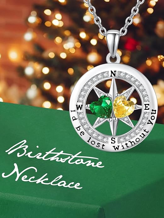 JIYVY32 Compass Birthstones Necklace for Women, Exquisite S925 Necklace Anniversary Birthday Gifts for Wife Her Double Birthstone Pendant jewelry ‘I'd be Lost Without You’