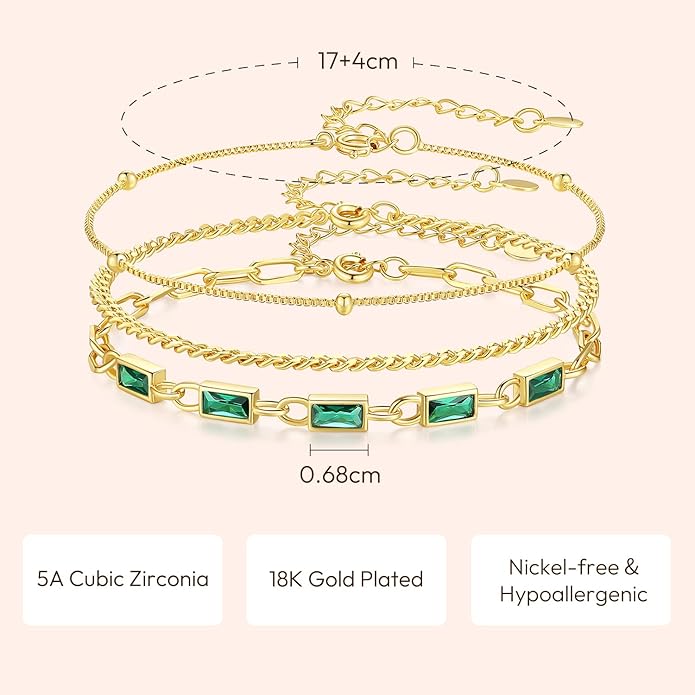 Gold Birthstone Bracelet for Women, 18K Gold Plated Layered Jewelry Bracelet Set, Women Dainty Stackable Bracelets Link Paperclip Chain Valentines Day Gift for Women