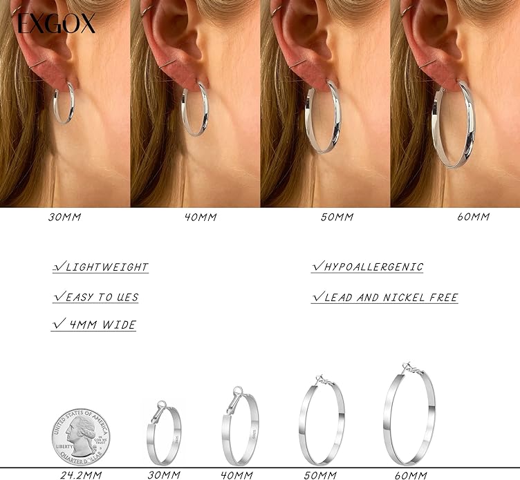 EXGOX Silver Hoop Earrings for Women - Sterling Silver & 14K Gold Plated - Hypoallergenic 925 Silver - Big Hoop Earrings (30/40/50/60/70mm)