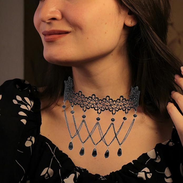 Gothic Lace Choker Necklace for Women,Vintage Black Crystal Hollowed Out Choker Statement Punk Style Layered Tassels Necklace Halloween Dark Witch Costume
