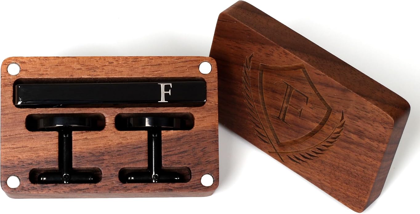 Mens Initial Cufflinks and Tie Clip A-Z Alphabet Letter Black Stainless Cuff Links Tie Bar with Engraved Walnut Wood Box Groom Groomsman Wedding Set