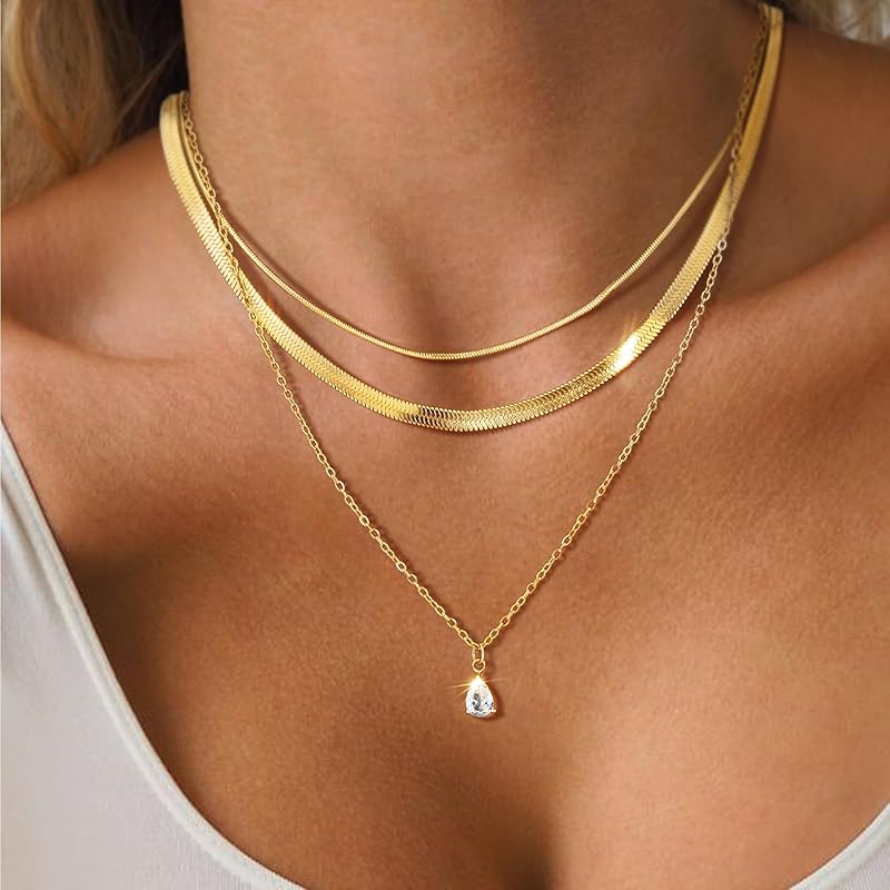 Layered Gold Necklaces for Women,14k Gold Plated Dainty Necklace Stack Set,Non Tarnish Adjustable Stainless Steel Cubic Zirconia Pendant Choker Herringbone Snake Chain Jewelry
