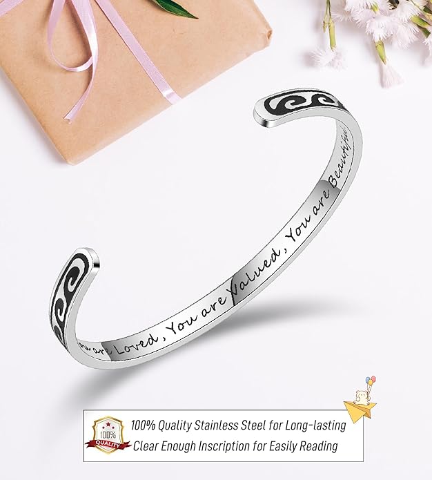 TONY & SANDY Inspirational Bracelets for Women Teen Girls Personalized Gifts for Daughter Granddaughter Mom Sister Friends Stainless Steel Engraved Cuff Birthday Easter Christmas