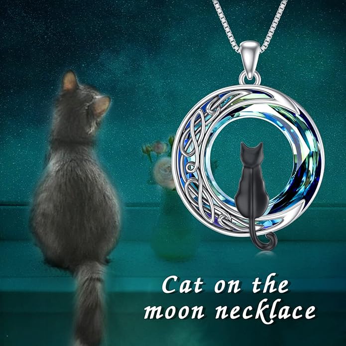 TOUPOP Christmas Cat Gifts for Cats Lovers One Two Three Four Cats Necklace Sterling Silver Cats on the Moon Pendant Necklace with Blue Circle Crystal Birthday Christmas Celtic Jewelry Gifts for Women