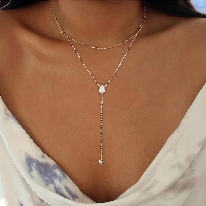Lariat Necklace for Women, Dainty 14K Gold/Silver Plated Long Necklaces for Women Trendy Simple Layered Y-Shaped Drop Pendant Necklace Adjustable Gold Jewelry Gifts For Her Christmas Stocking Stuffer