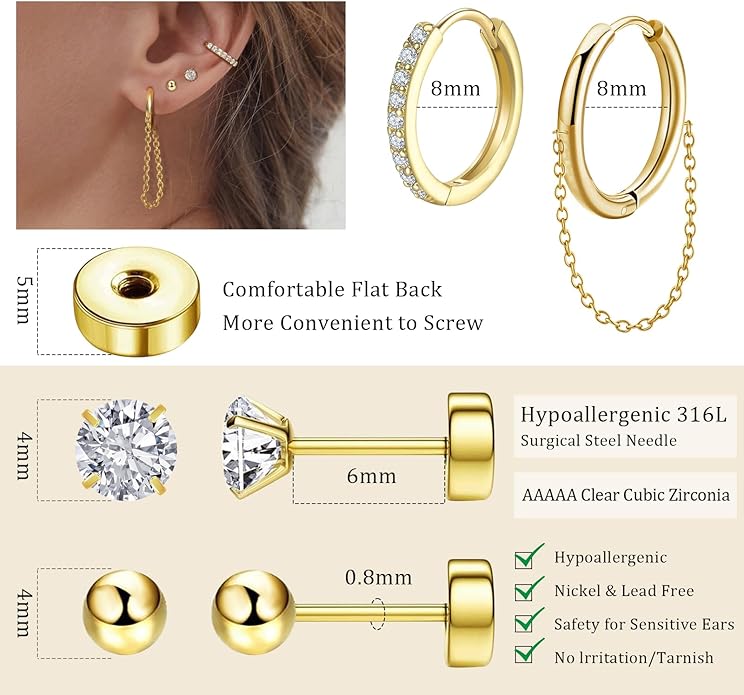 Gold Hoop Earrings for Women - 4 Pairs 14K Gold Plated Dainty Huggie Stacks Set for Multiple Piercing, Hypoallergenic Cartilage Earrings CZ Trendy Fashion Jewelry