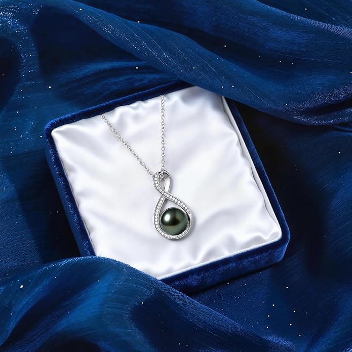 Genuine Tahitian Black Pearl Necklaces for Women, 9-12mm AAAA Seawater Pearl - Sterling Silver Moissanite Pendant, Wedding Anniversary, Birthday, Christmas Gift for Wife, Mom, Girlfriend, Fine Jewelry