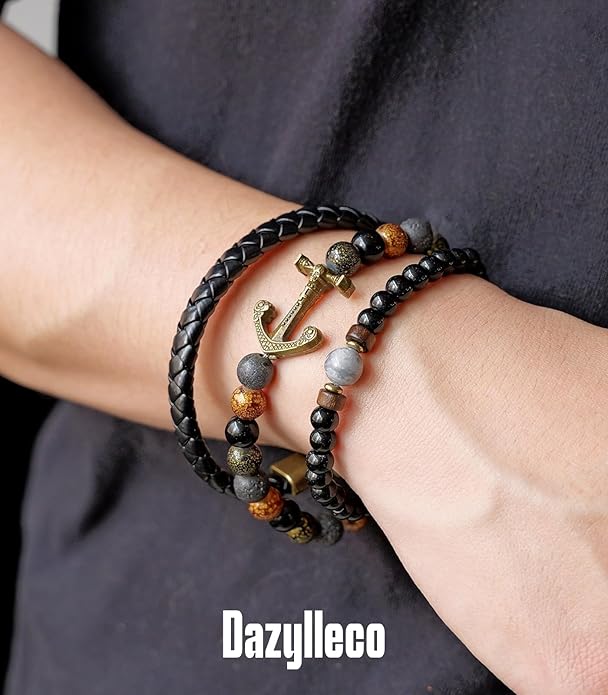 3pc Mens Beaded Bracelets Silver Stainless Steel Chain Bracelet for Men Handmade Braided Bracelet Sets Jewelry Gifts for Men