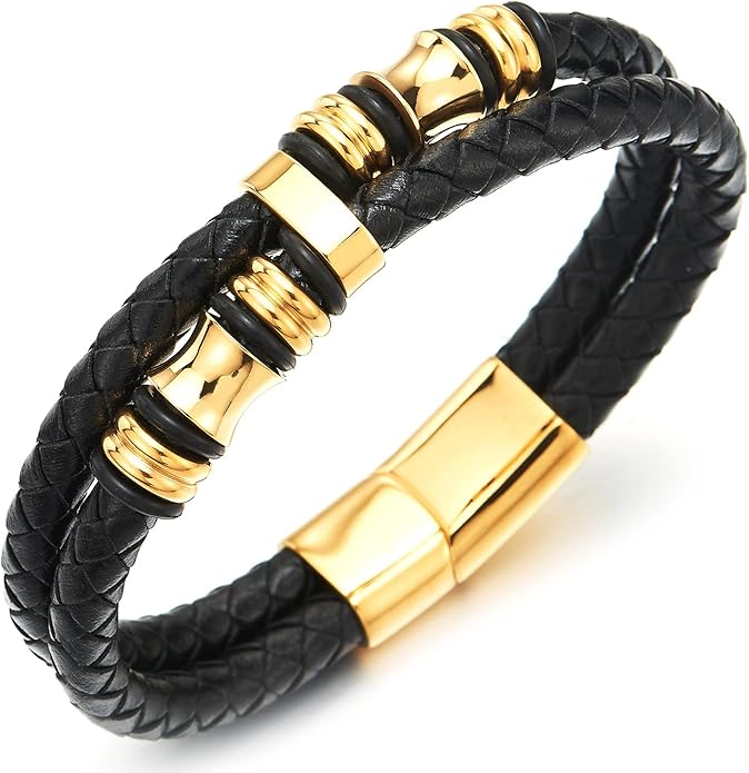 COOLSTEELANDBEYOND Mens Double-Row Braided Leather Bracelet Bangle Wristband with Stainless Steel Ornaments