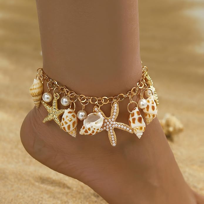 Shell Ankle Bracelet Set for Women, Gold Plated Boho Bead Adjustable Anklet, Hawaiian Beach Seashell Pearl Heart Starfish Conch Foot Jewelry Gifts