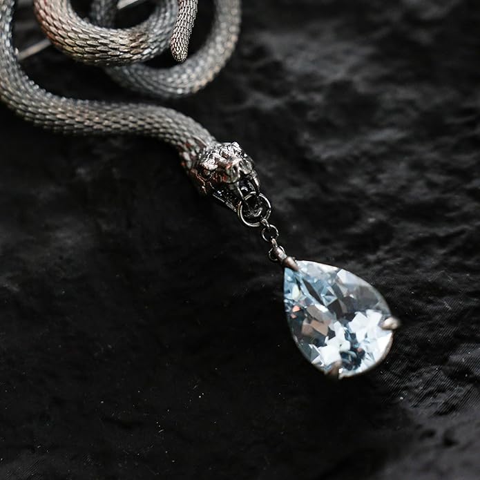 Snake Brooch with Aquamarine Crystal | Gothic Fashion Jewelry Pin | Vintage Style Statement Accessory for Women & Men