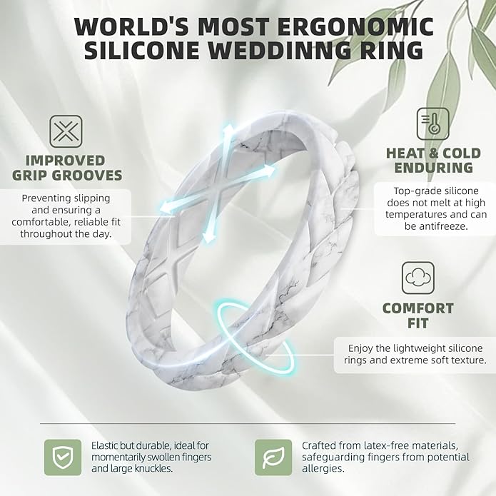Egnaro Women's Silicone Stackable Rings 3.5mm Wide 2mm Thick, Rubber Flexible Hypoallergenic Wedding Bands For Workout Leaf Braided Fashion