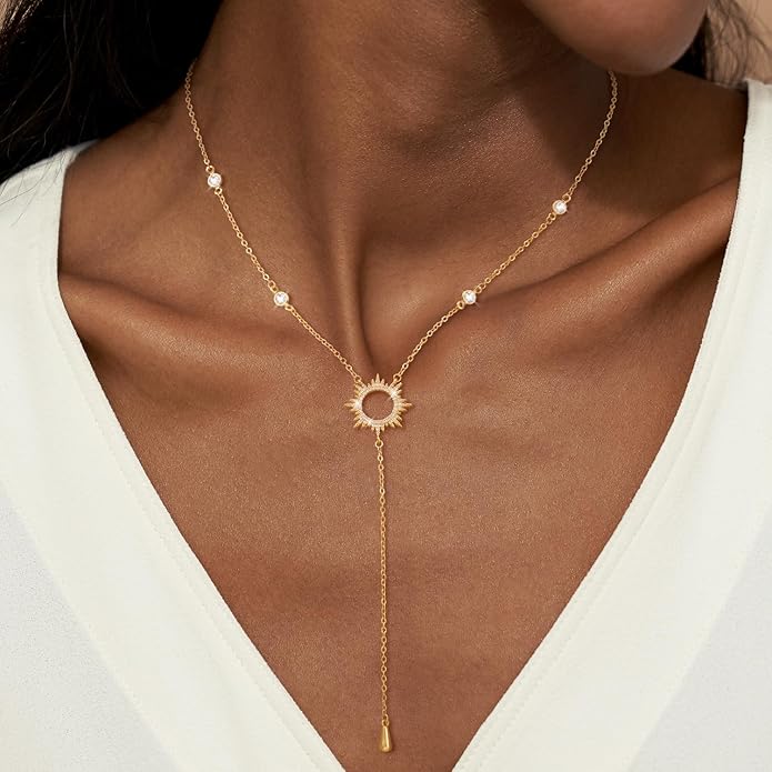 CHESKY Lariat Gold Necklace for Women Trendy, Dainty Long Necklace 14k Gold Plated/Silver Y-Shaped Pendant Necklace Layered Cz Beaded Chain Drop Necklaces Simple Gold Jewelry For Women Gift