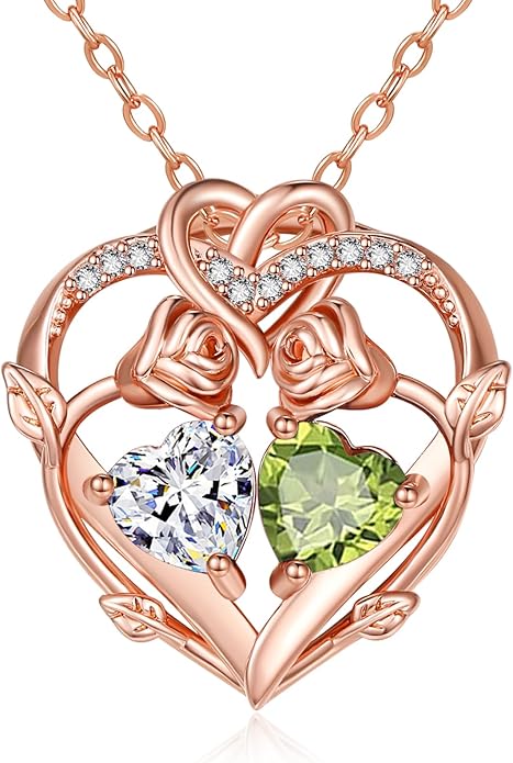 Rose Gold Necklaces for Women Double Birthstone Rose Flower Heart Pendant Necklace Jewelry Anniversary Christmas Valentine's Mother's Day Birthday Gift for Wife Mom Her Girlfriend Sister
