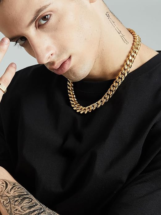 ChainsHouse Miami Cuban Link Chain Necklace for Men, 4.8mm/6mm/10mm/14mm Width, 14K Gold Plated/Stainless Steel/Black Mens Chunky Hip Hop Necklace Curb Chains, 14"-30" Length, Come Gift Box