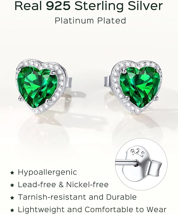 ChicSilver 925 Sterling Silver Birthstone Earrings for Women, 8MM/2 Carat Heart & Round Cubic Zirconia Stud Earrings, Hypoallergenic Jewelry, Ideal Birthday or Christmas Gifts